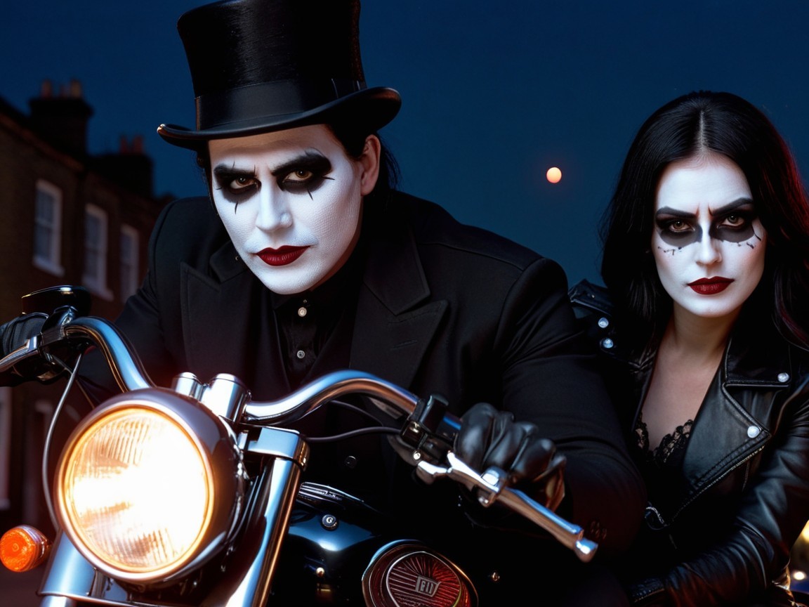 Couple in Gothic Attire Posing on Motorcycle at Twilight