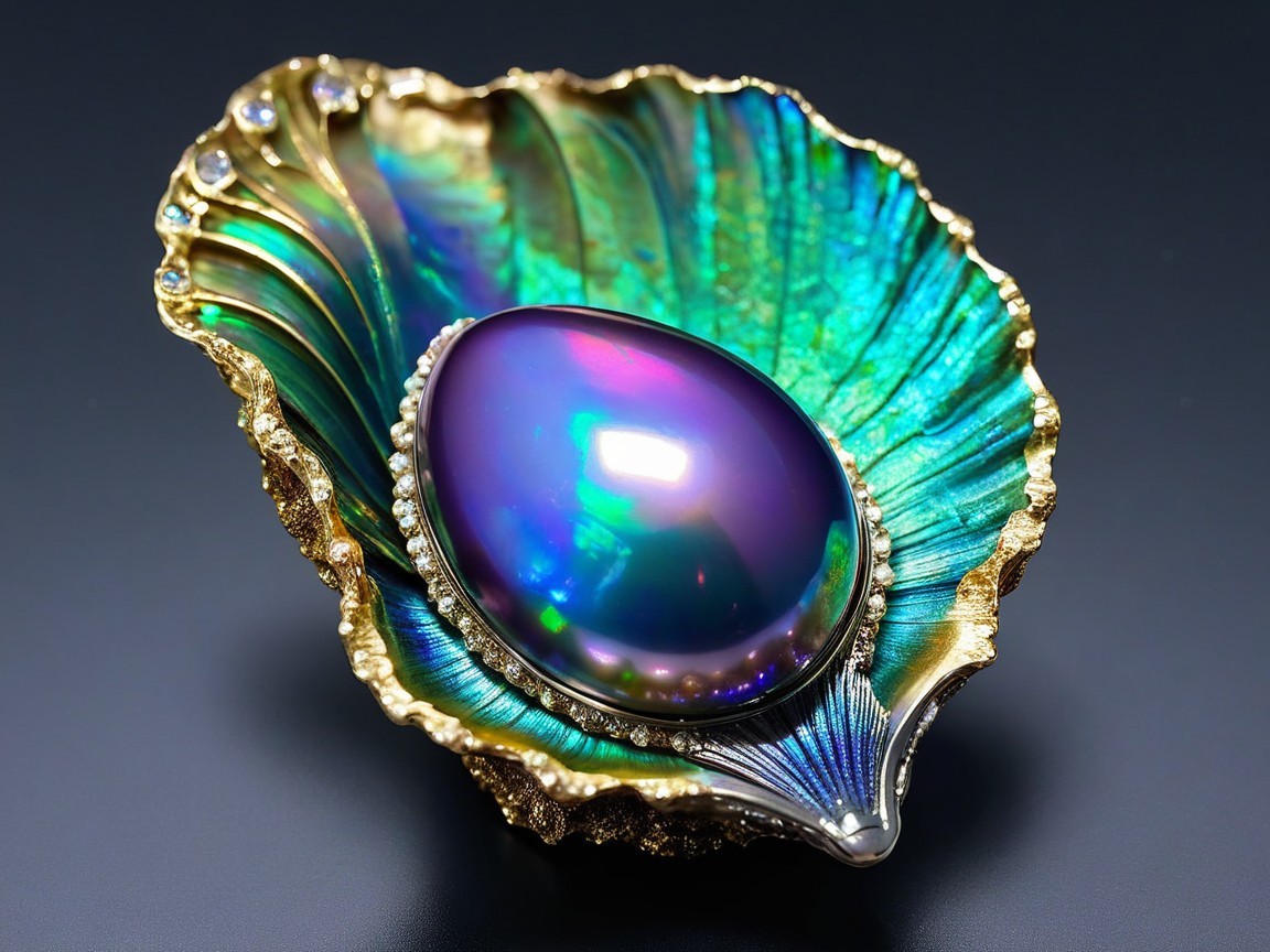 Iridescent Shell Decorative Piece with Gemstone Center