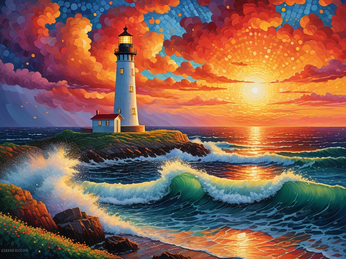 Vibrant Coastal Sunset with Lighthouse and Waves
