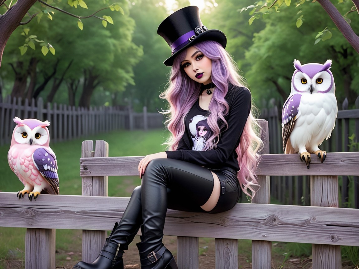 Stylish woman with purple hair and whimsical owls