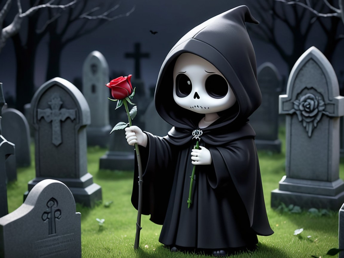 Whimsical Skull-Faced Character in Graveyard Scene