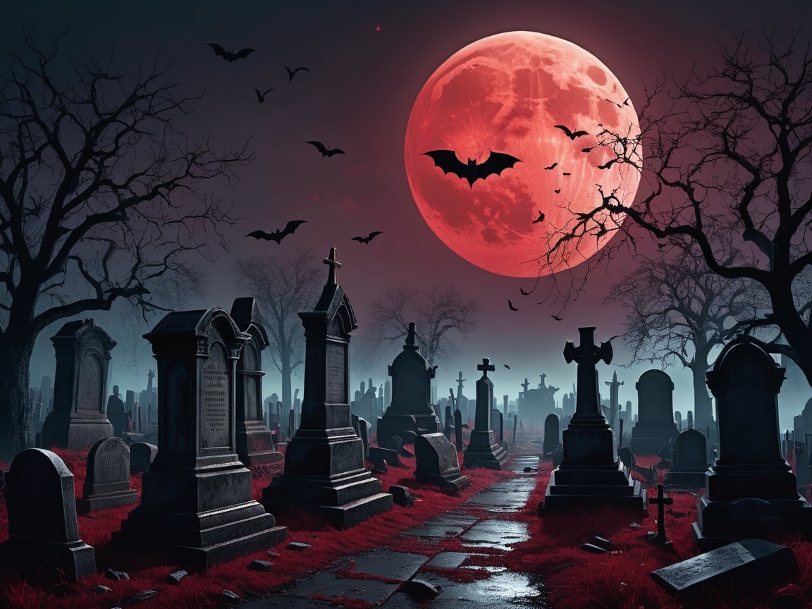 Haunting Graveyard Scene Under Blood-Red Moon
