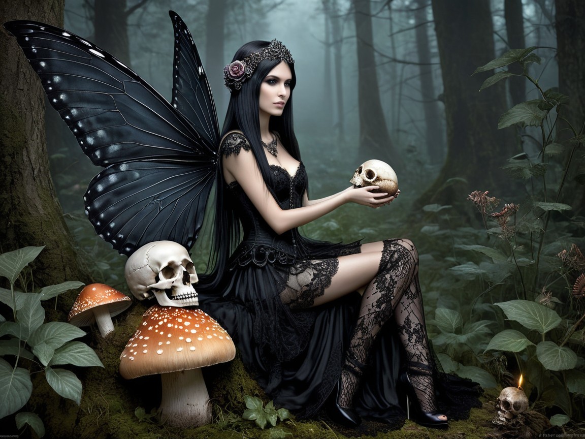 Mystical fairy with black wings in enchanted forest