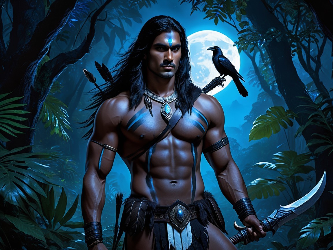 Muscular Warrior in Mystical Forest Under Full Moon