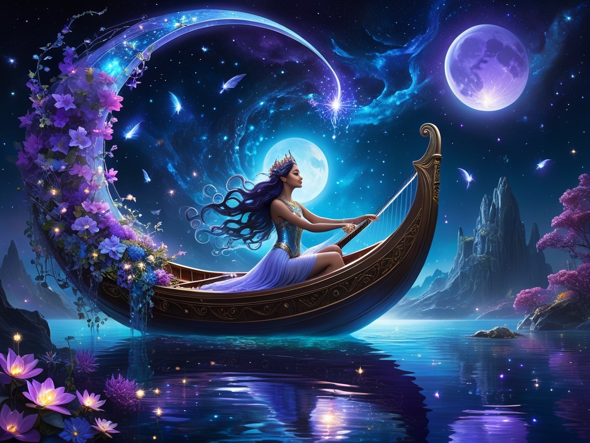 Mermaid Woman in Crescent Moon Boat Under Starry Sky