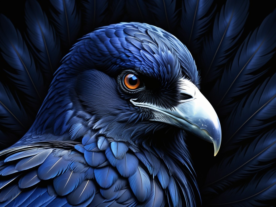 Close-Up of a Blue-Toned Bird with Orange Eye