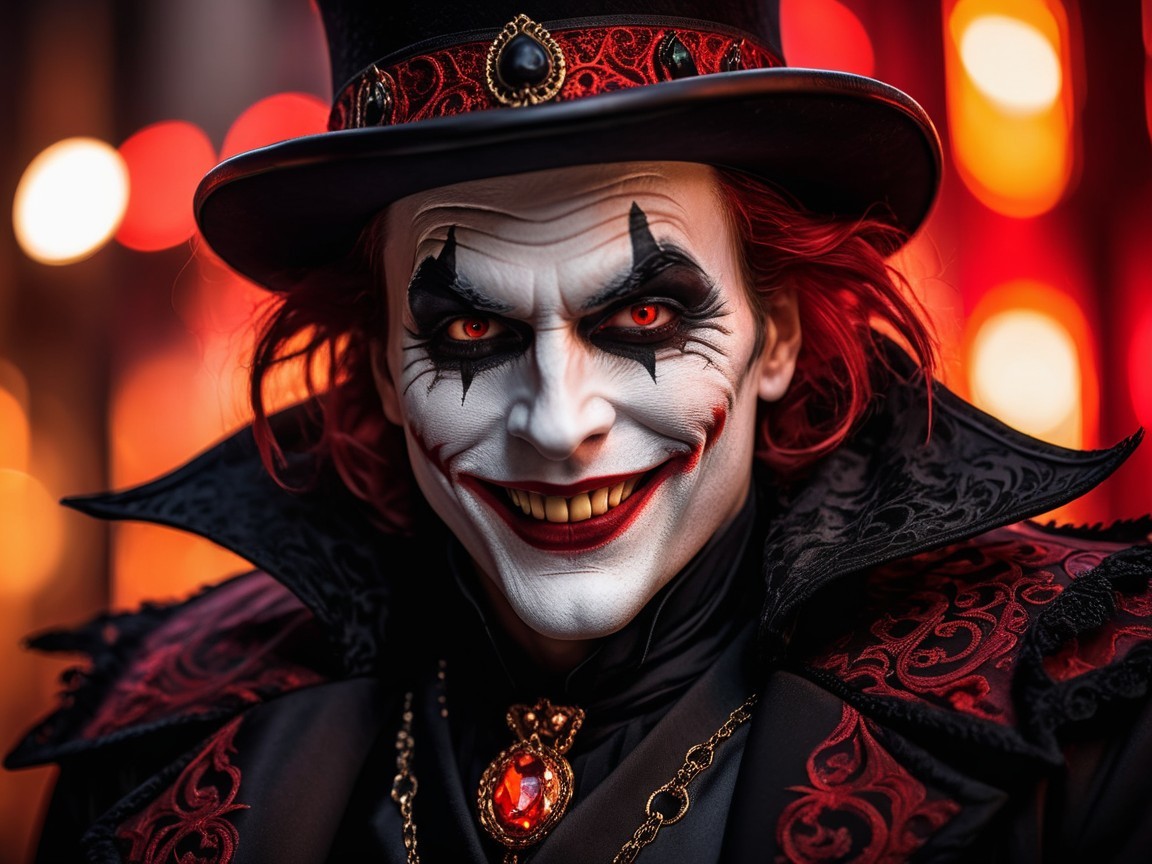 Sinister Clown with Pale Makeup and Red Outfit