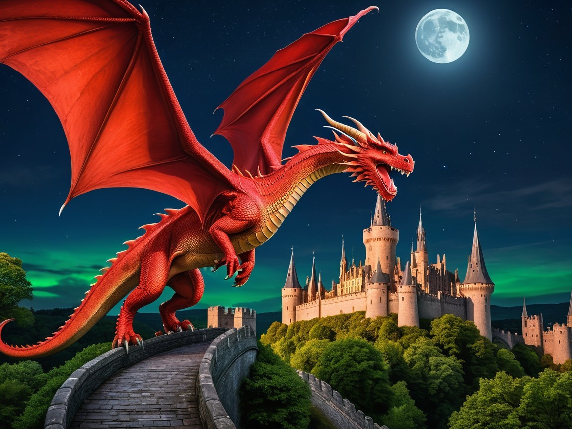 Red dragon on stone bridge with medieval castle backdrop