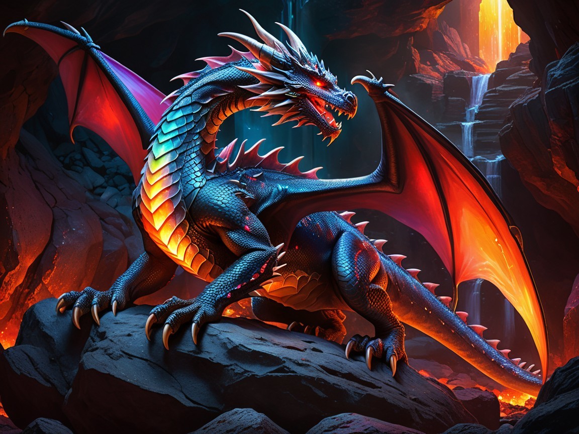 Majestic dragon with iridescent scales in cave setting