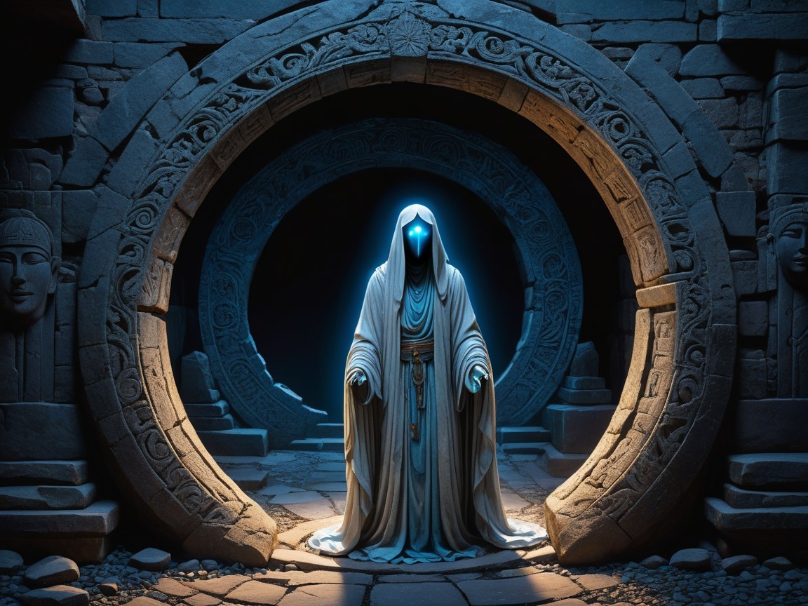 Mystical Figure in Ancient Stone Archway with Symbols