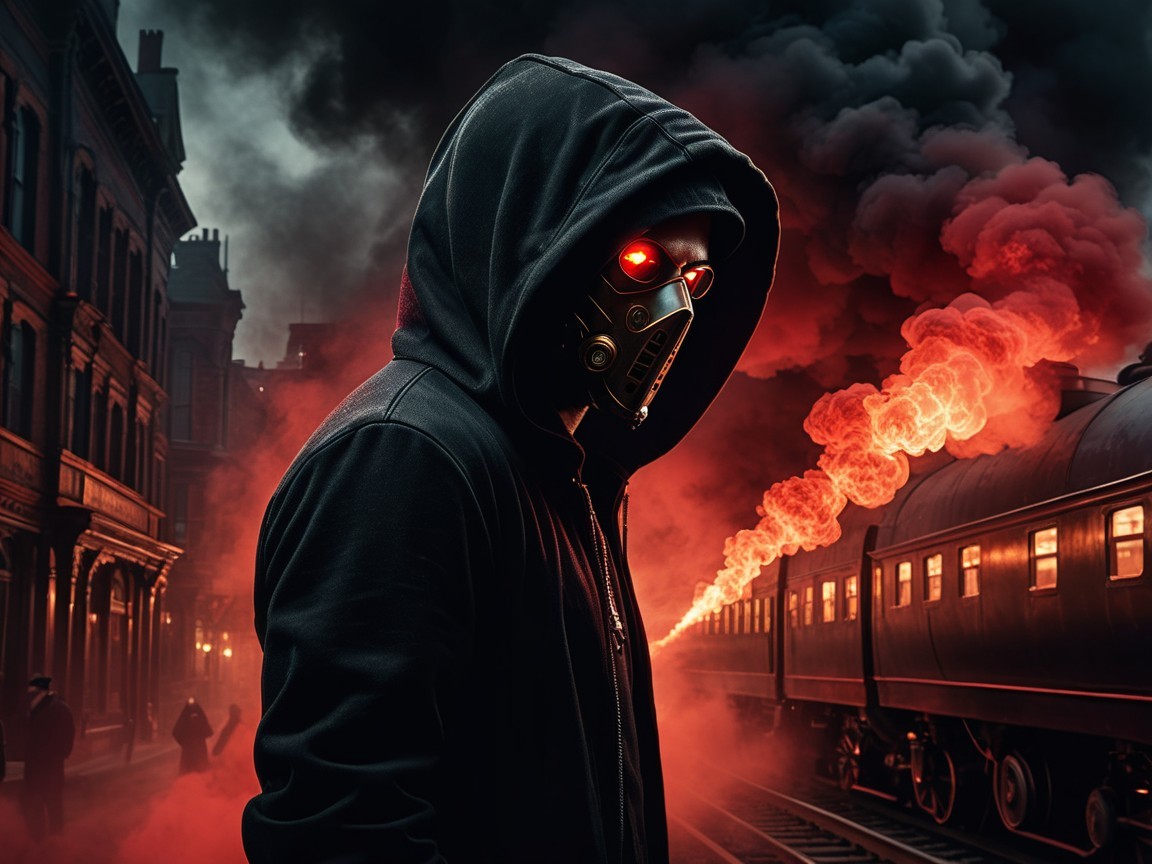 Futuristic Figure in Gas Mask Against Dark Urban Setting