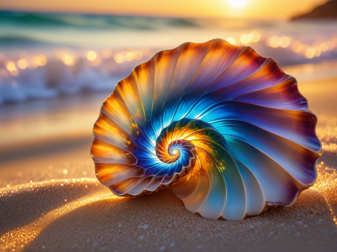 Iridescent Nautilus Shell on Golden Sand at Sunset