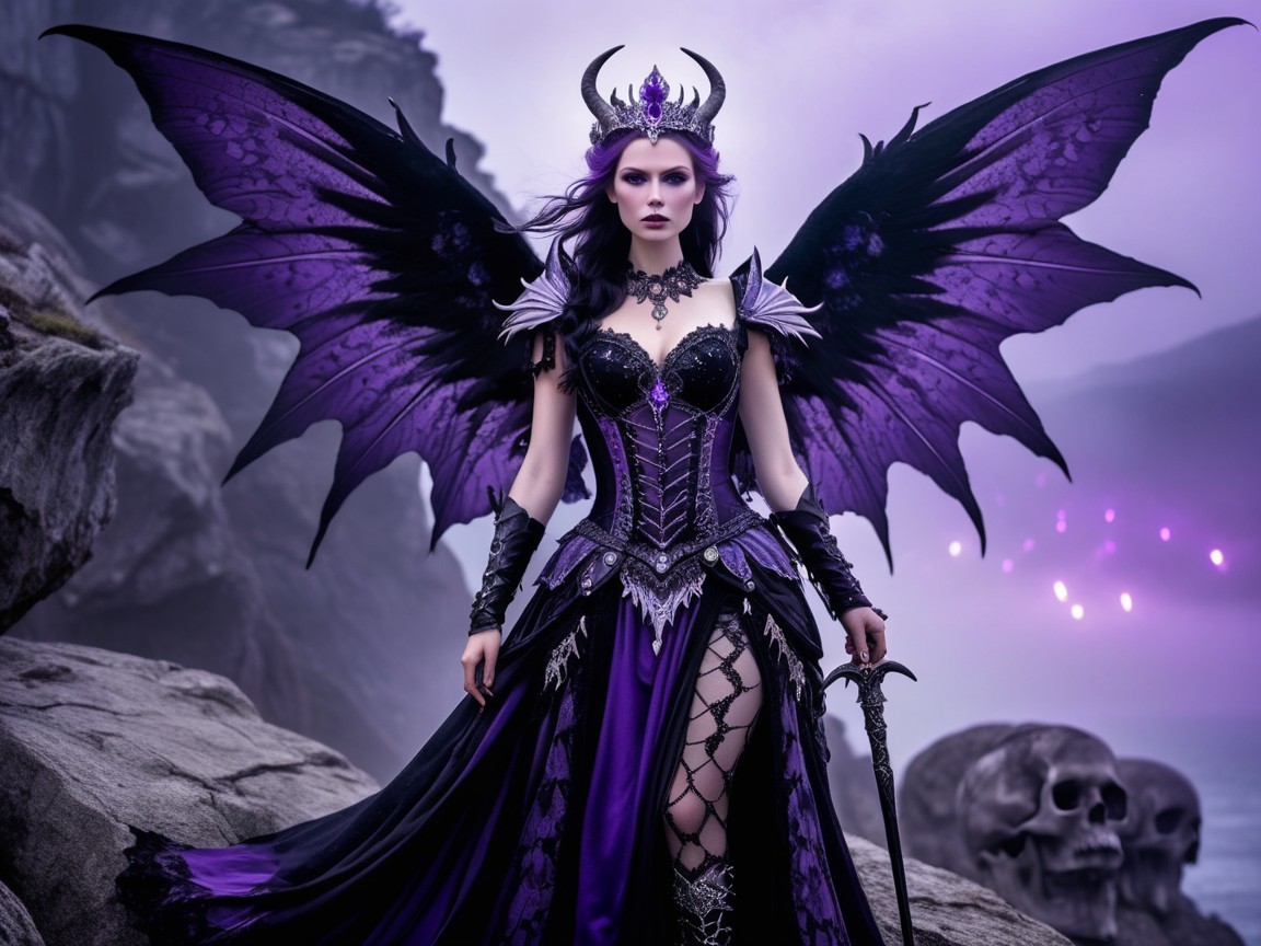Majestic figure in dark purple gown with ethereal wings