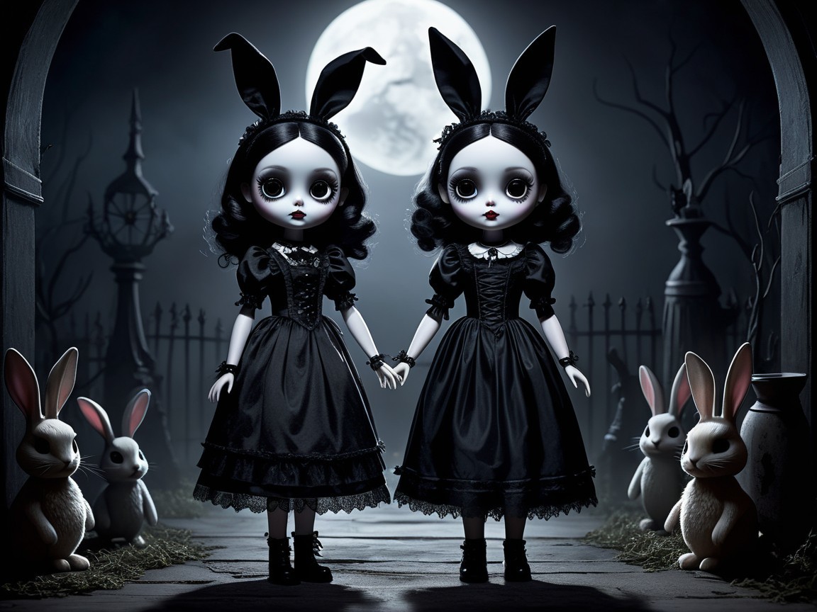 Porcelain Dolls in Black Gowns at a Graveyard