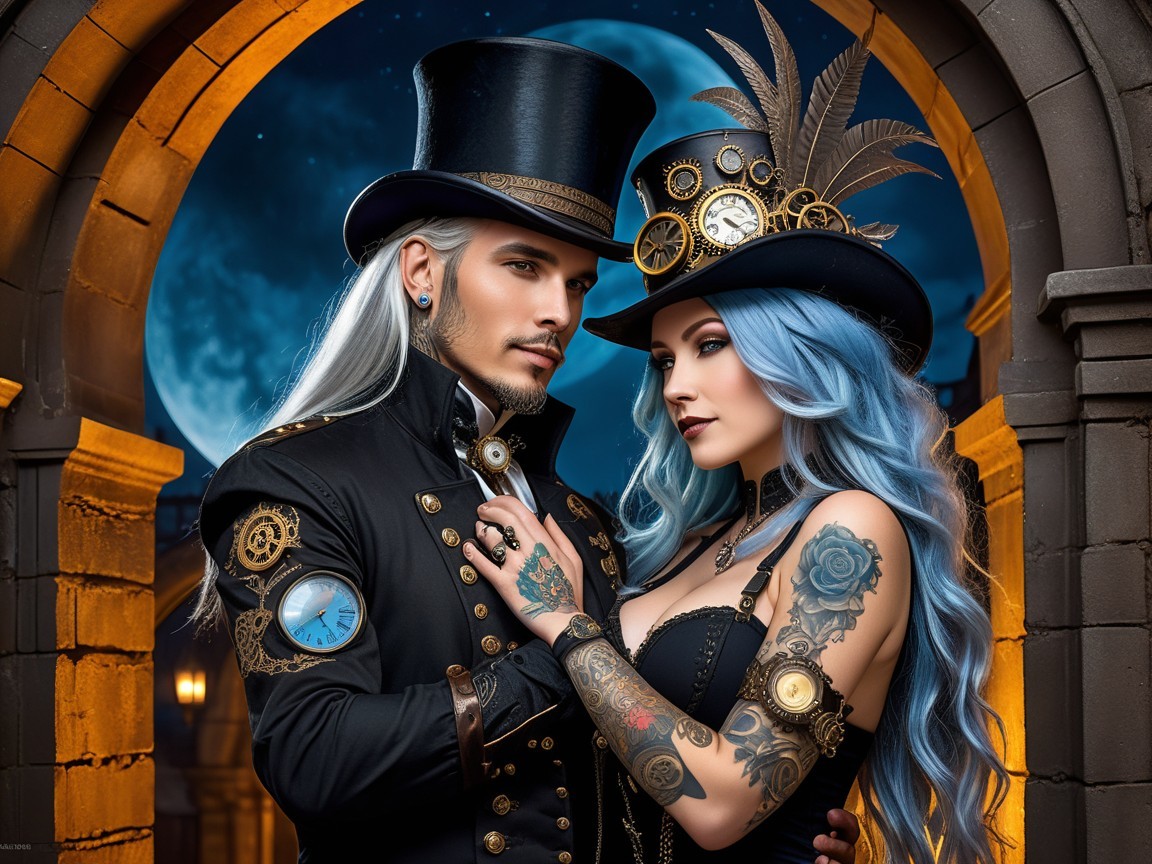 Steampunk Couple in Moonlit Attire and Accessories