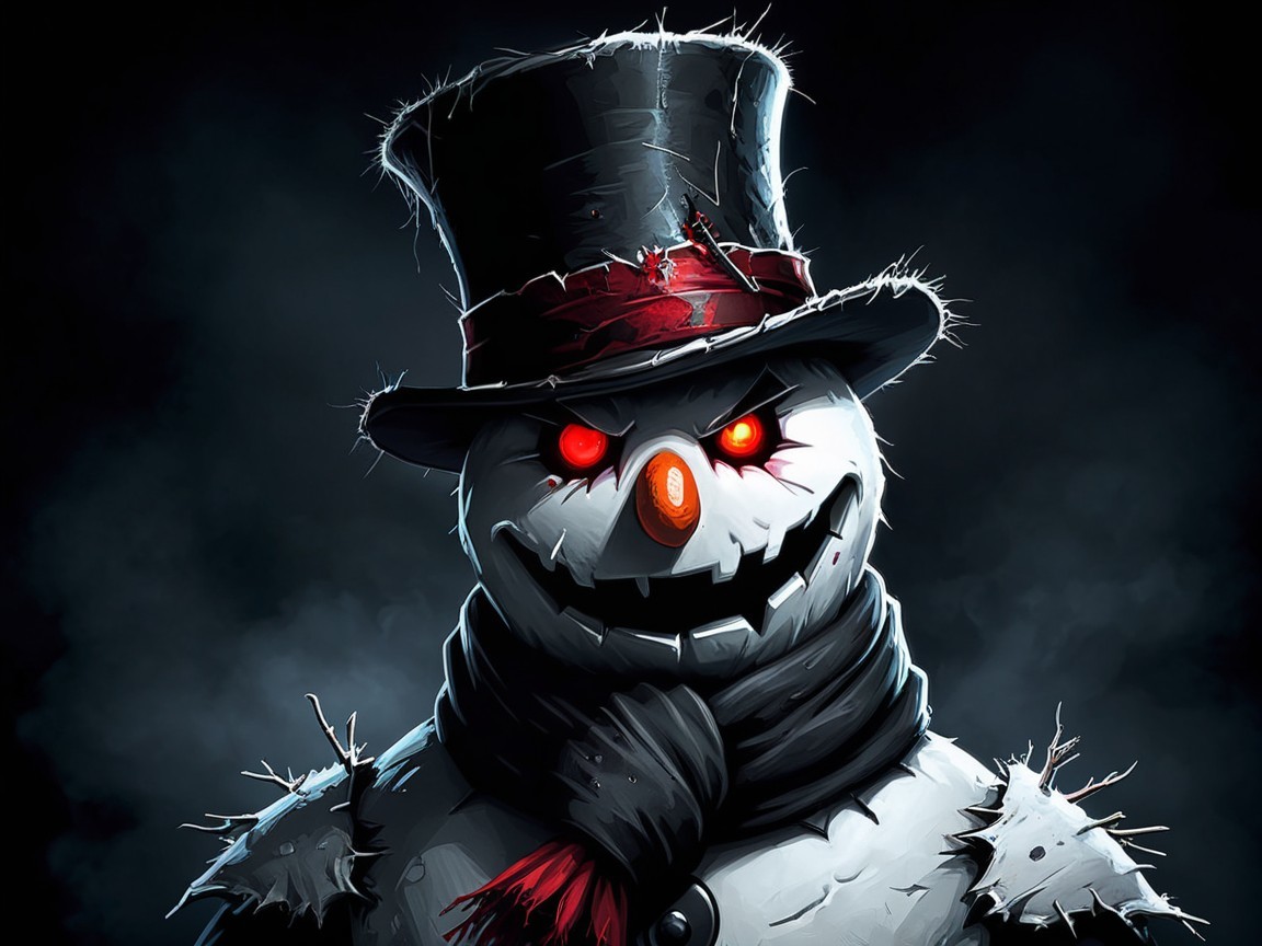 Creepy Snowman with Glowing Red Eyes and Dark Attire