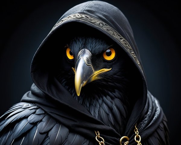 Black Raven in Dark Cloak with Yellow Eyes