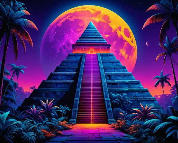 Surreal Pyramid with Luminous Moon and Neon Colors