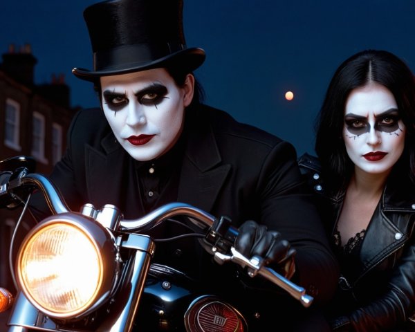 Couple in Gothic Attire Posing on Motorcycle at Twilight