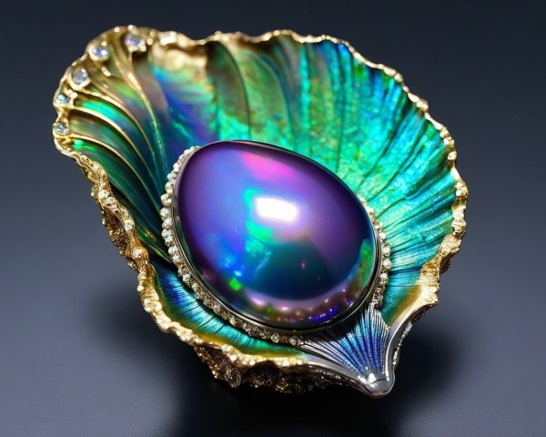 Iridescent Shell Decorative Piece with Gemstone Center