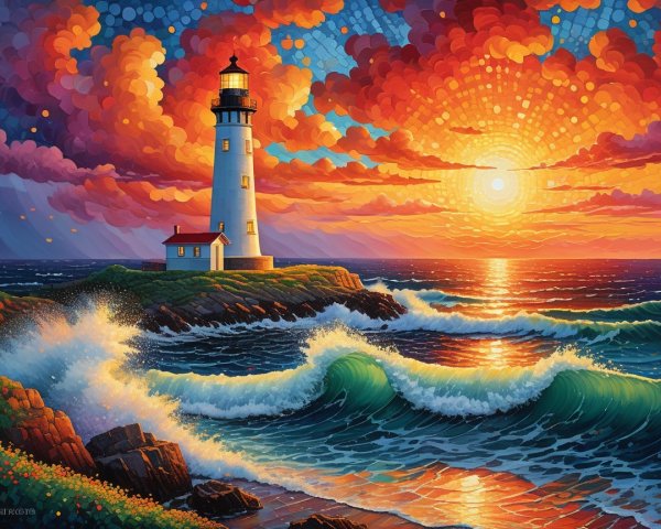 Vibrant Coastal Sunset with Lighthouse and Waves