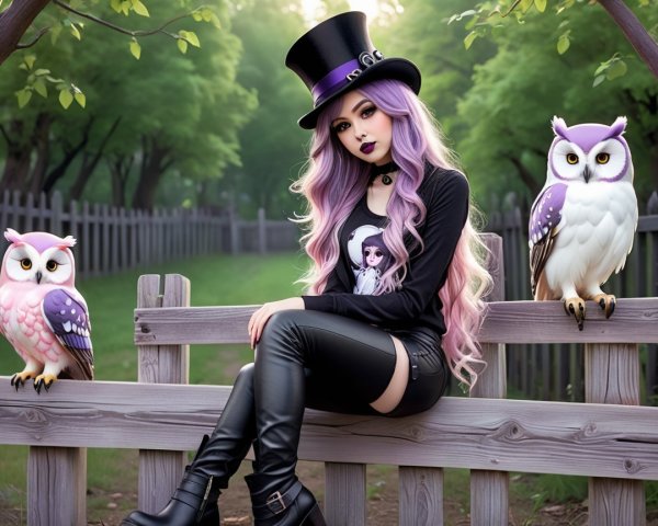Stylish woman with purple hair and whimsical owls
