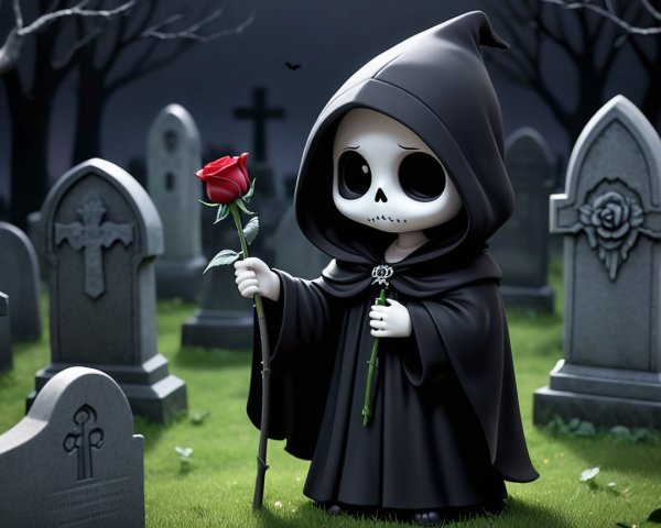 Whimsical Skull-Faced Character in Graveyard Scene