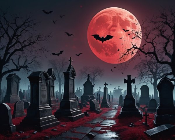 Haunting Graveyard Scene Under Blood-Red Moon