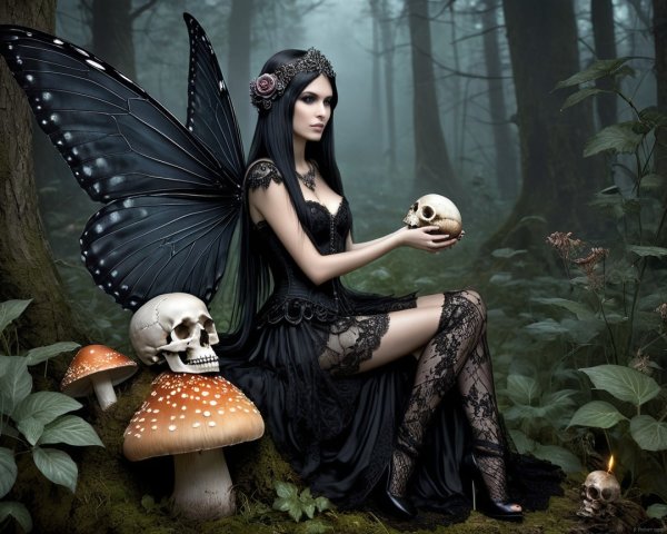 Mystical fairy with black wings in enchanted forest