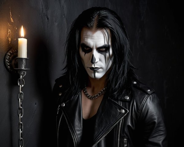 Figure in Black Leather Jacket with Dramatic Makeup