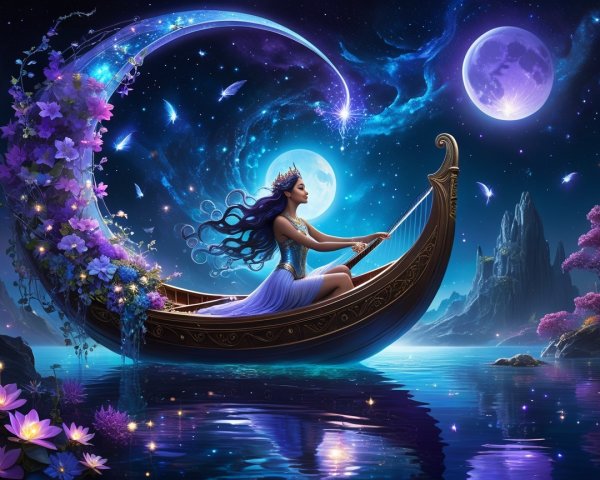 Mermaid Woman in Crescent Moon Boat Under Starry Sky