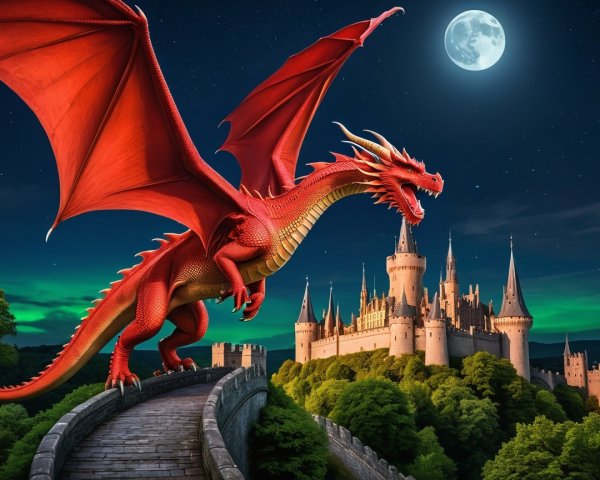 Red dragon on stone bridge with medieval castle backdrop
