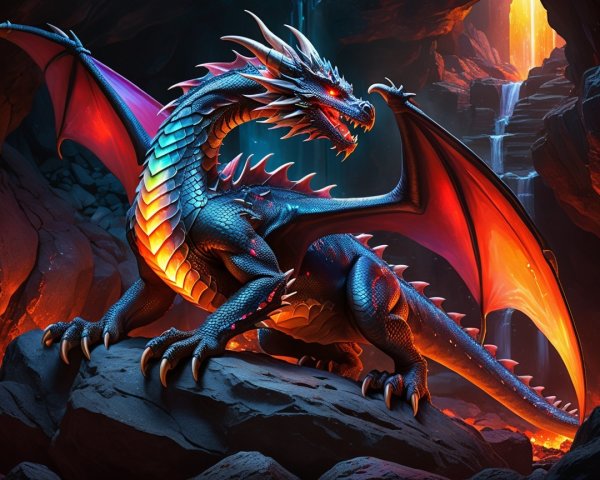 Majestic dragon with iridescent scales in cave setting