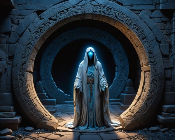 Mystical Figure in Ancient Stone Archway with Symbols