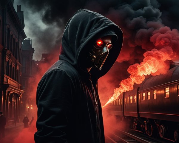 Futuristic Figure in Gas Mask Against Dark Urban Setting