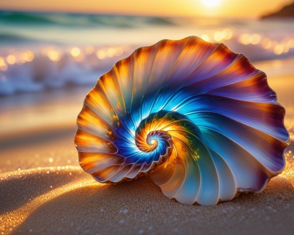 Iridescent Nautilus Shell on Golden Sand at Sunset
