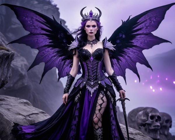 Majestic figure in dark purple gown with ethereal wings