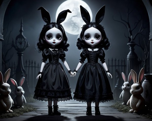 Porcelain Dolls in Black Gowns at a Graveyard