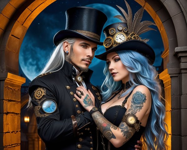 Steampunk Couple in Moonlit Attire and Accessories
