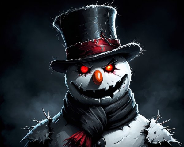 Creepy Snowman with Glowing Red Eyes and Dark Attire
