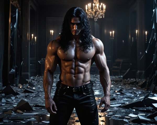 Muscular man in dark opulent room with debris