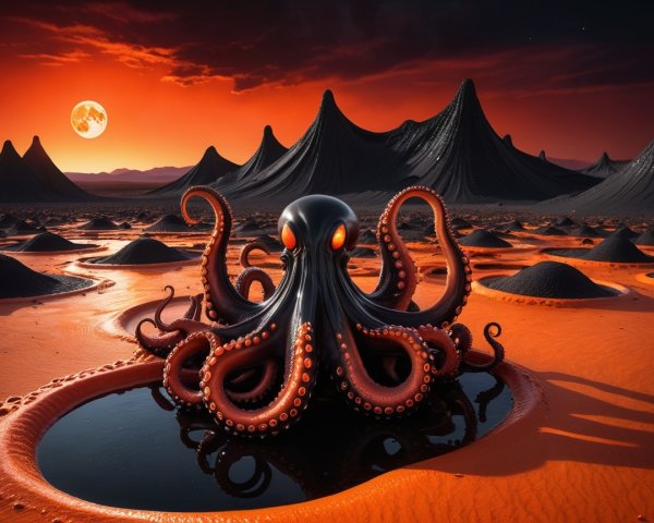 Surreal Landscape with Octopus and Volcanic Mountains