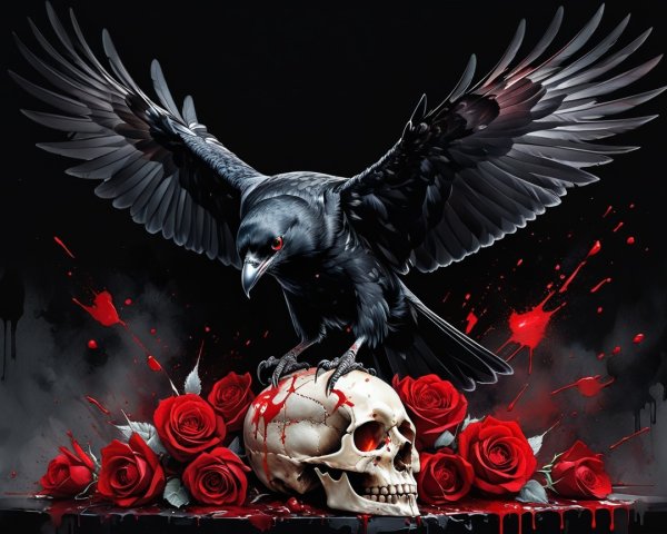 Raven on Skull Surrounded by Blood-Red Roses