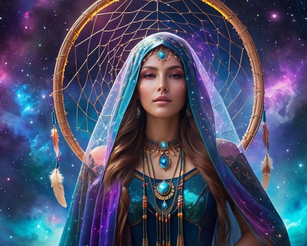 Mystical Woman in Blue and Teal with Cosmic Backdrop
