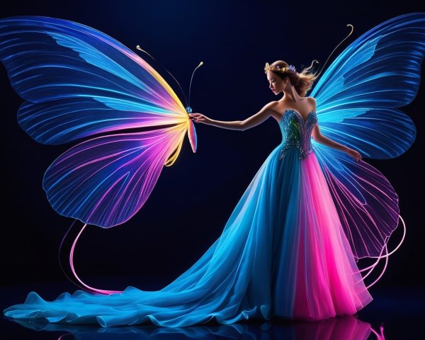 Elegant figure in vibrant blue to pink gown with wings