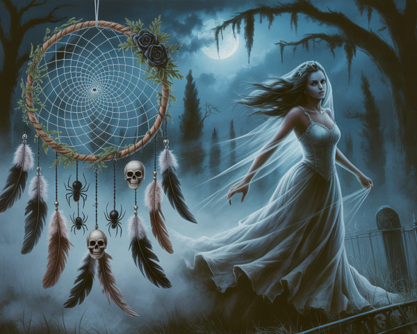 Ghostly Bride in Moonlit Graveyard with Dreamcatcher