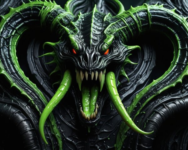 Menacing creature with serpent heads and glowing accents