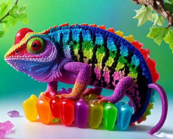 Close-up of a colorful rainbow chameleon on candies