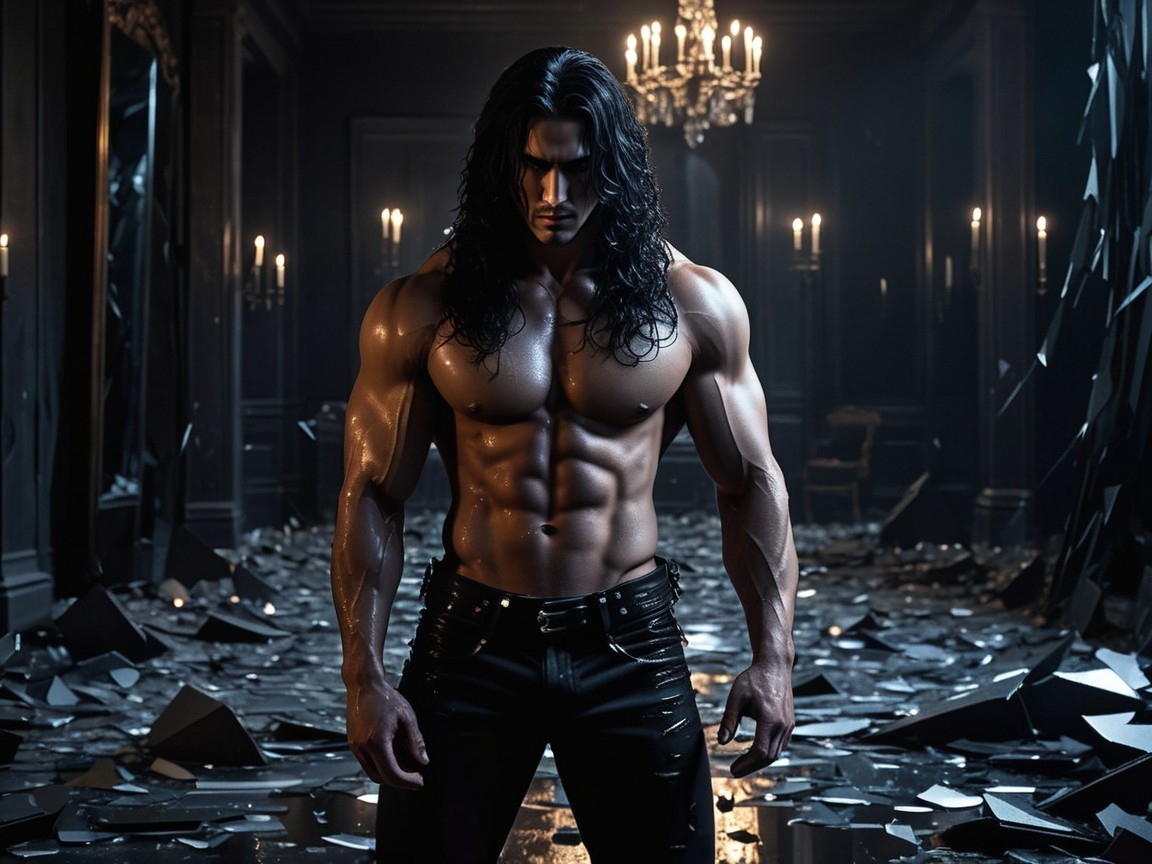 Muscular man in dark opulent room with debris