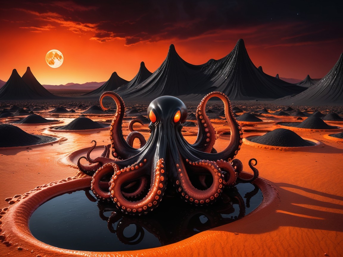 Surreal Landscape with Octopus and Volcanic Mountains